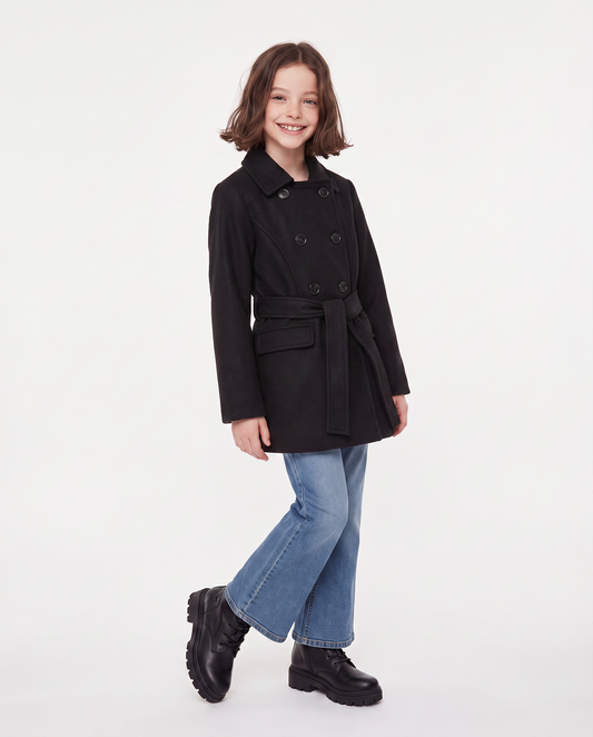 Cappotto in panno morbido con cintura - Nero