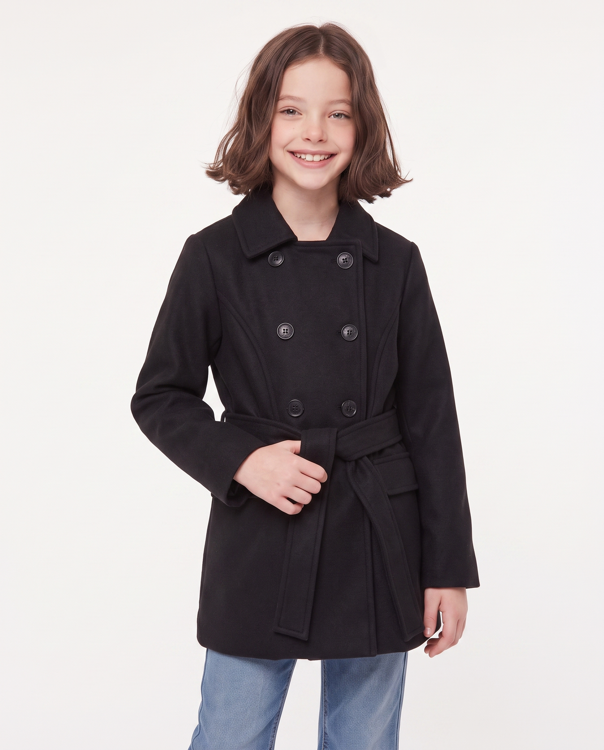 Soft fabric coat with belt - Black