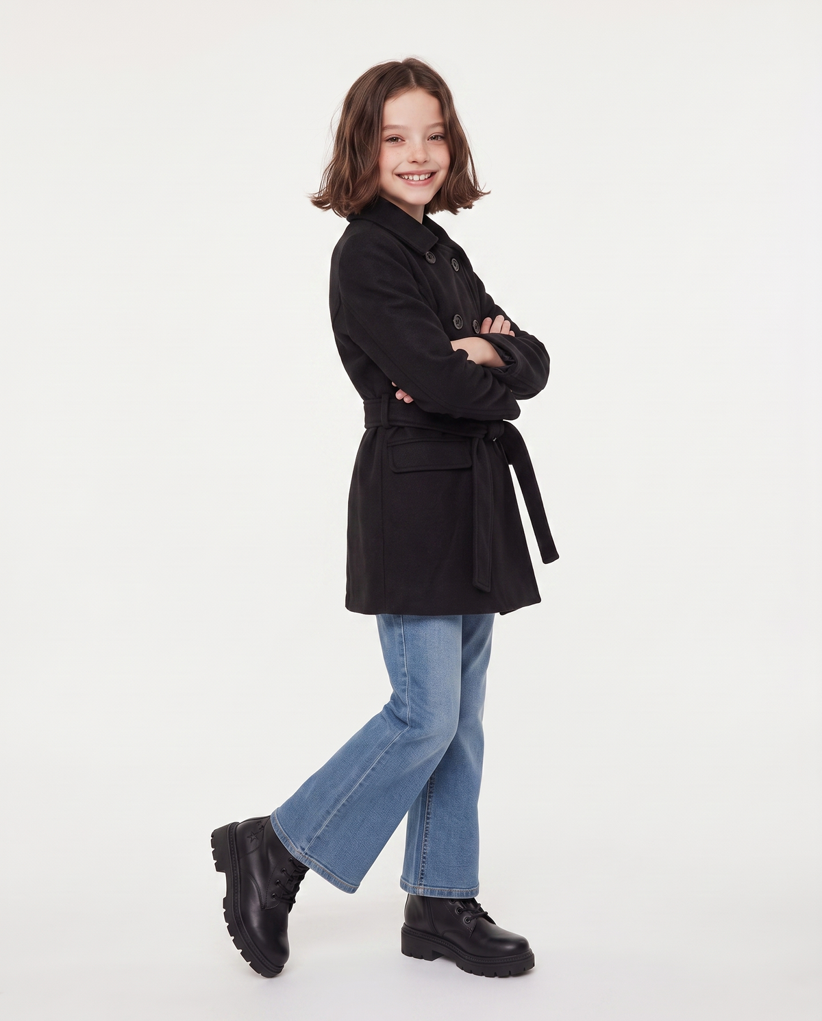 Soft fabric coat with belt - Black