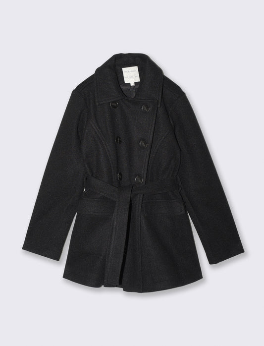 Cappotto in panno morbido con cintura - Nero