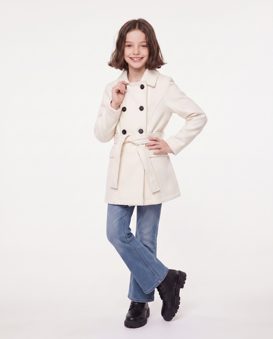 Cappotto in panno morbido con cintura - Bianco latte