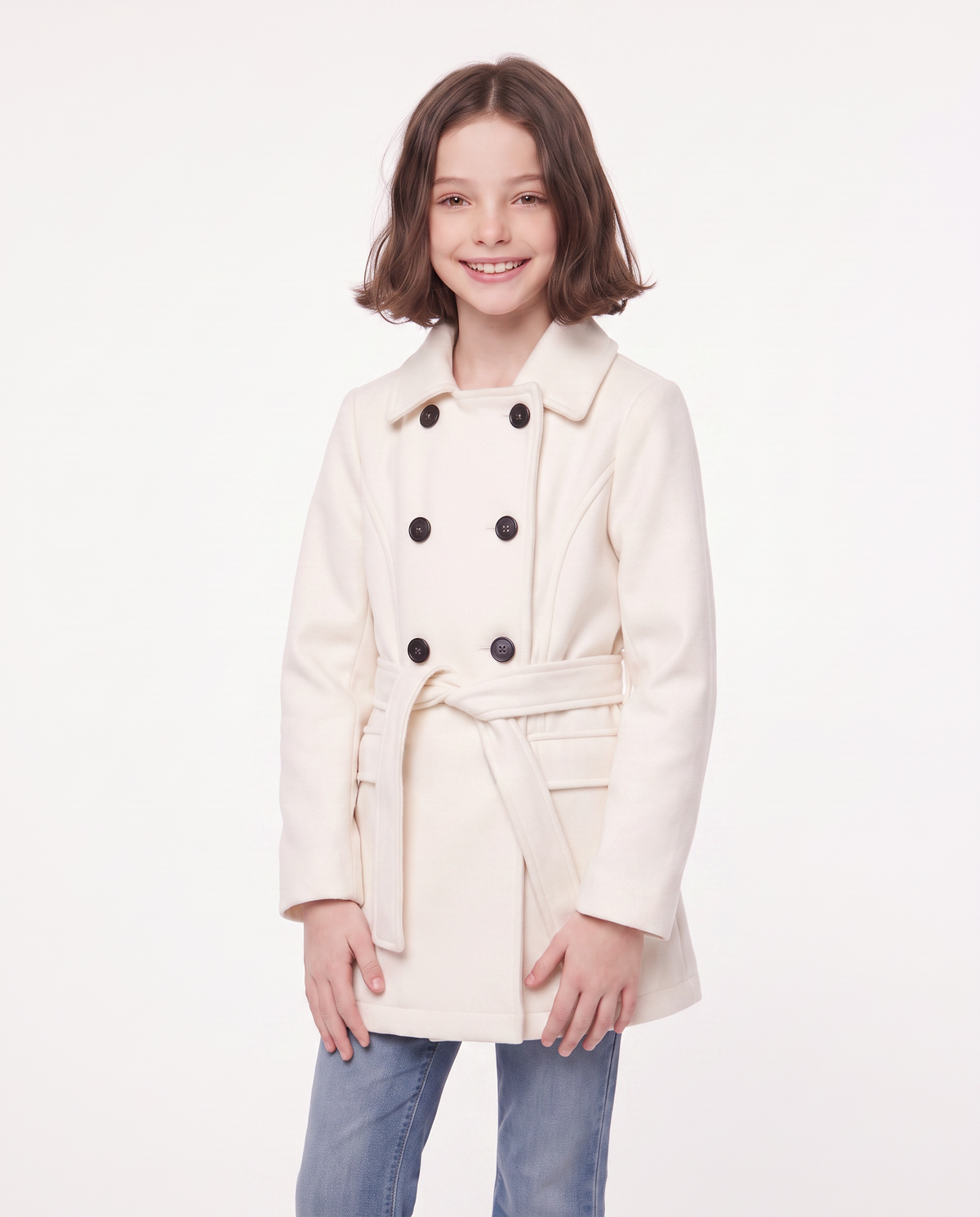 Soft fabric coat with belt - White