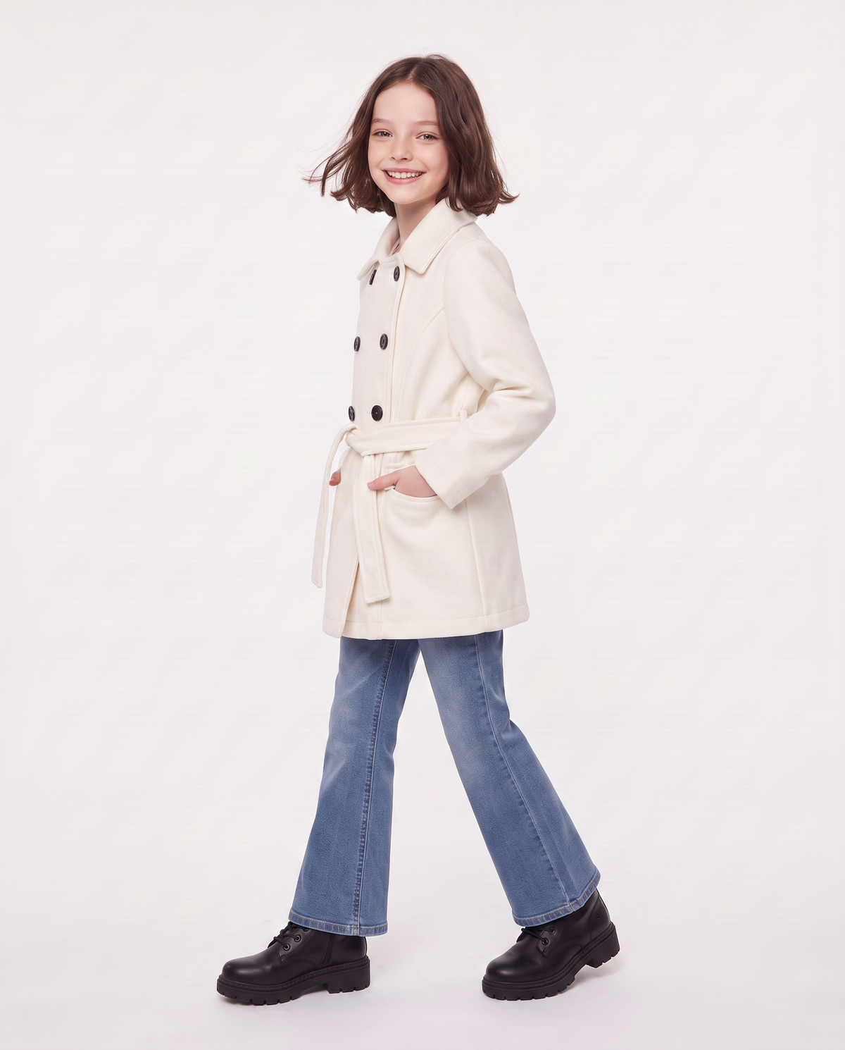Soft fabric coat with belt - White