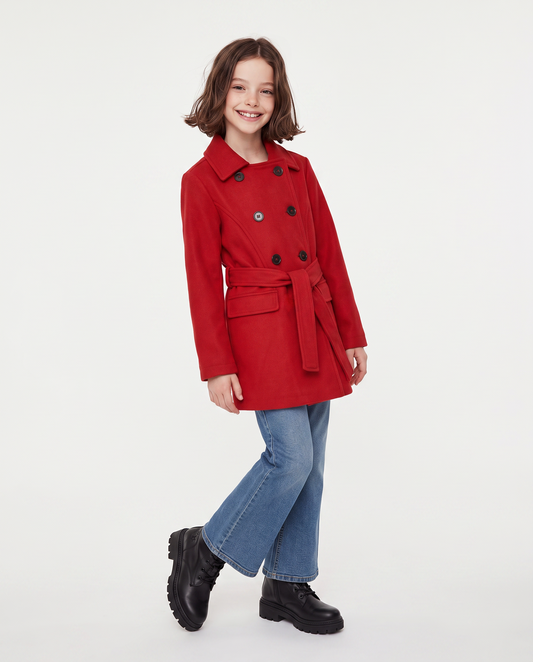 Cappotto in panno morbido con cintura - Rosso