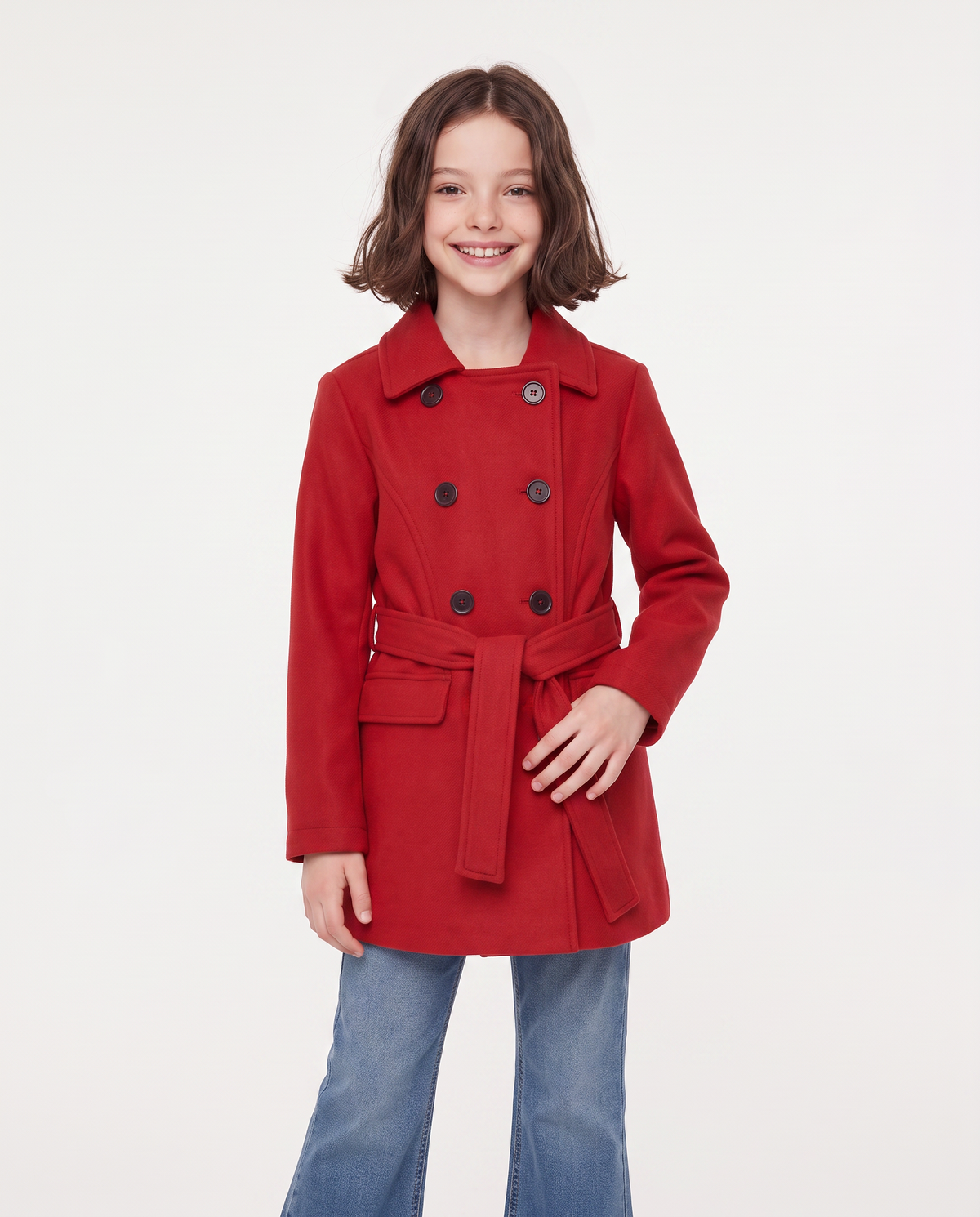 Soft fabric coat with belt - Red