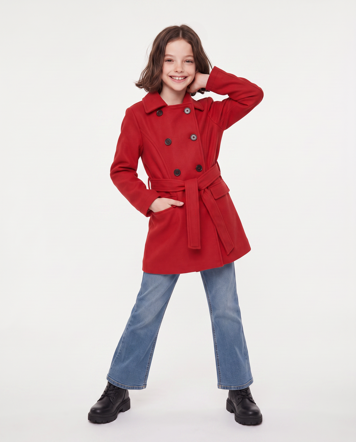 Soft fabric coat with belt - Red