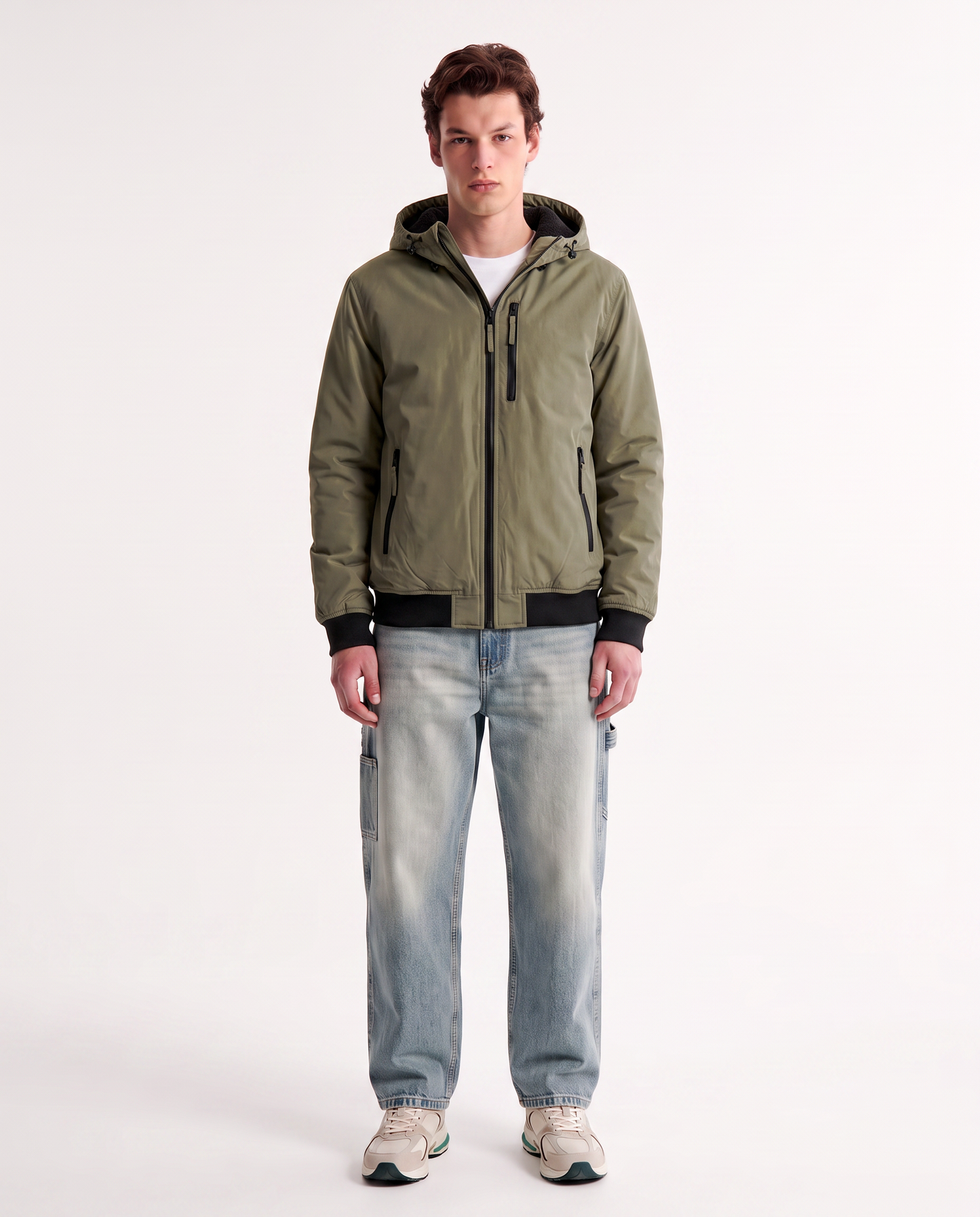 Giubbotto imbottito con cappuccio e tasche - Verde kaki