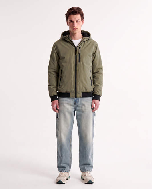 Giubbotto imbottito con cappuccio e tasche - Verde kaki