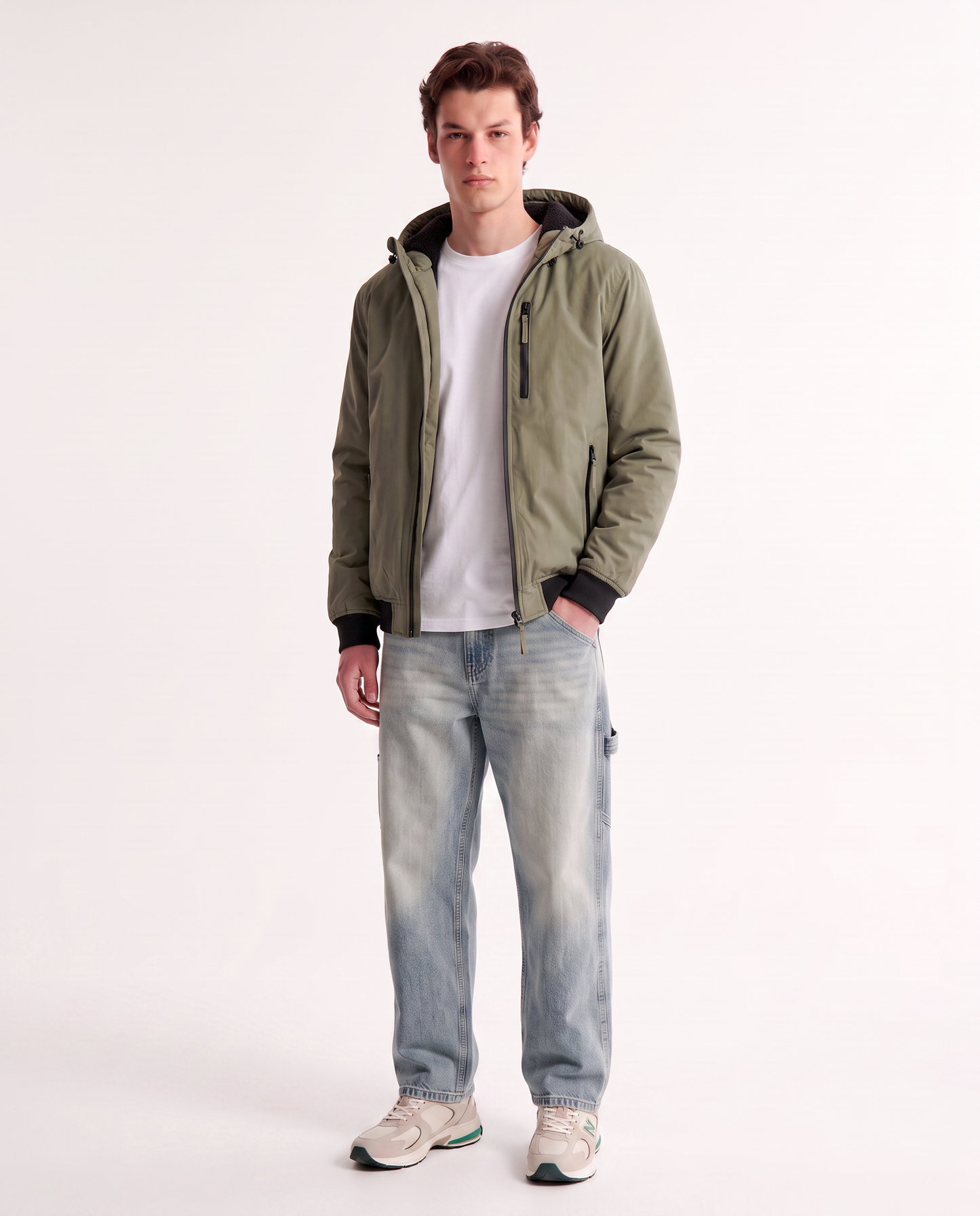 Giubbotto imbottito con cappuccio e tasche - Verde kaki