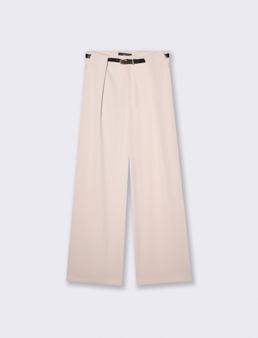 Pantalone con Pieghe e Cintura - Beige