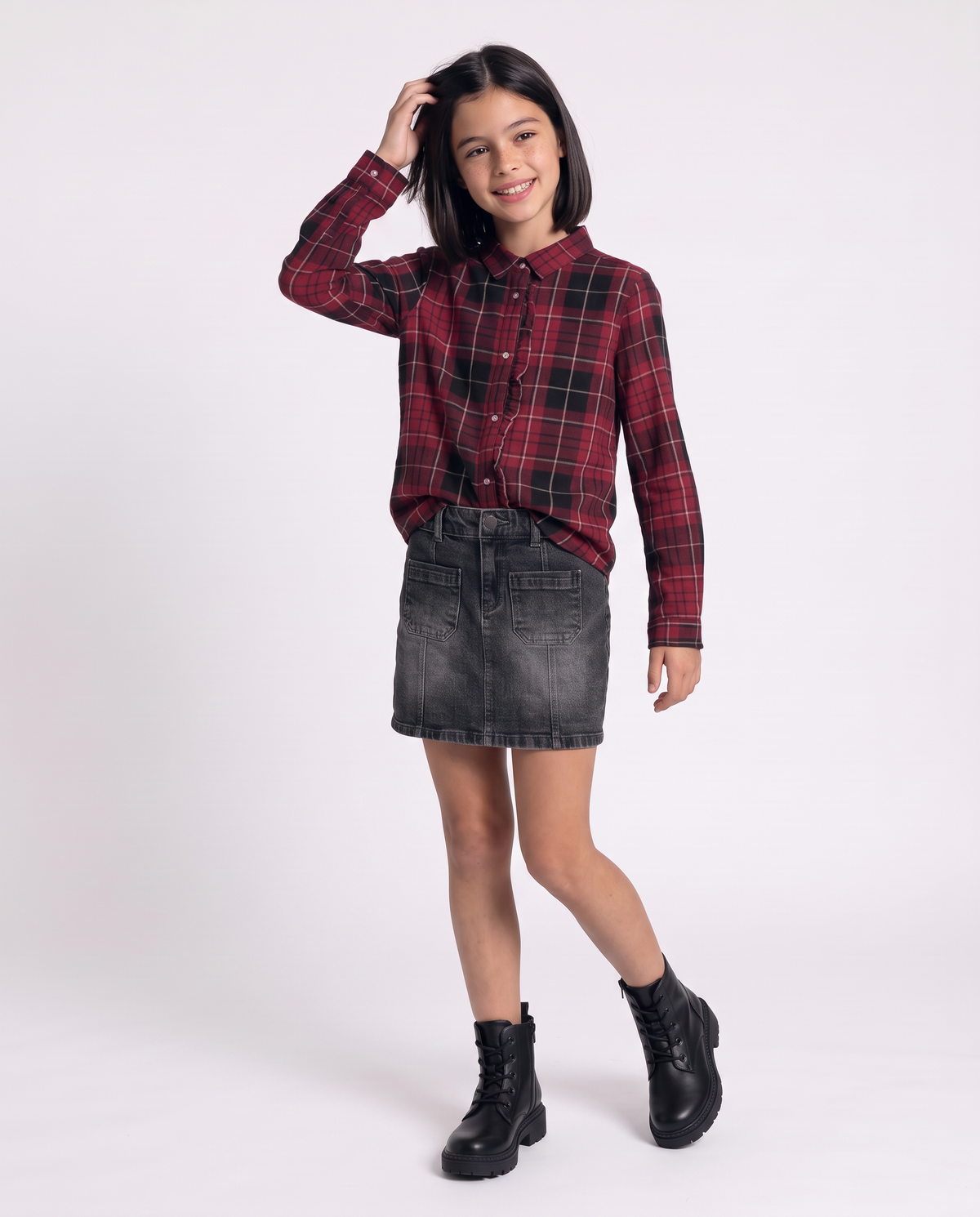 Long Sleeve Flannel Shirt with Ruffles - Red