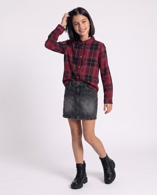 Camicia in flanella manica lunga con rouches - Bordeaux