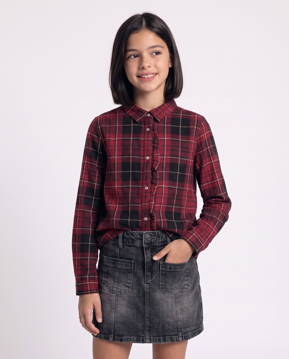 Long Sleeve Flannel Shirt with Ruffles - Red