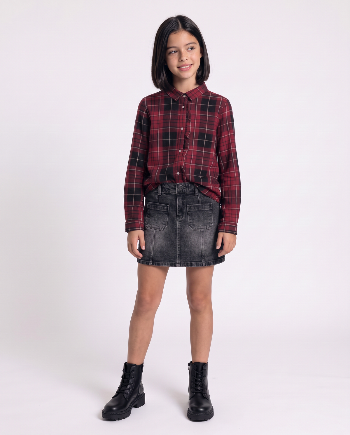 Long Sleeve Flannel Shirt with Ruffles - Red