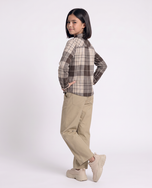 Camicia in flanella manica lunga con rouches - Beige scuro