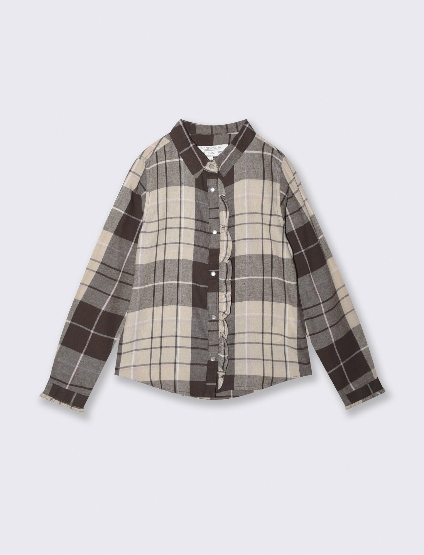 Long Sleeve Flannel Shirt with Ruffles - Beige