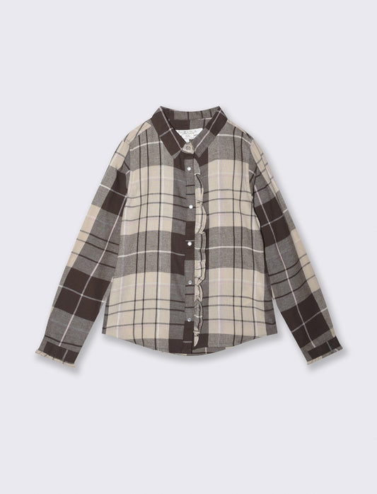 Long Sleeve Flannel Shirt with Ruffles - Beige