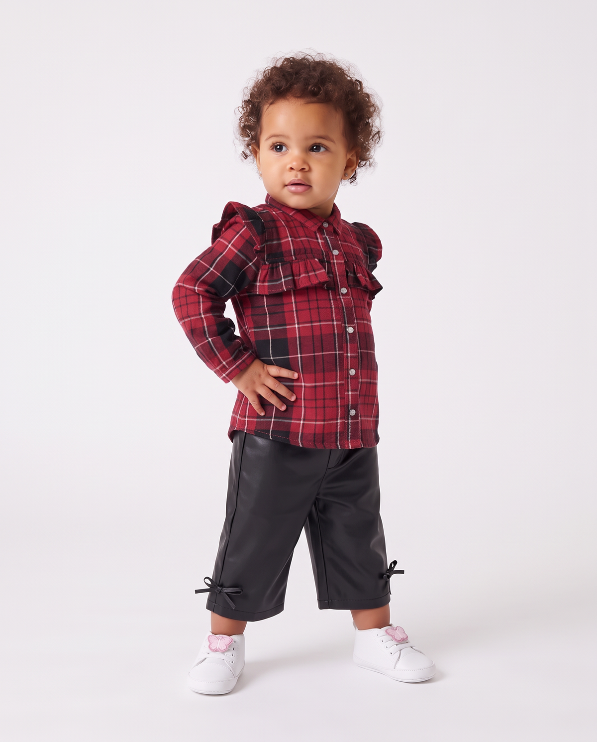 Long sleeve plaid shirt with ruffles - Red