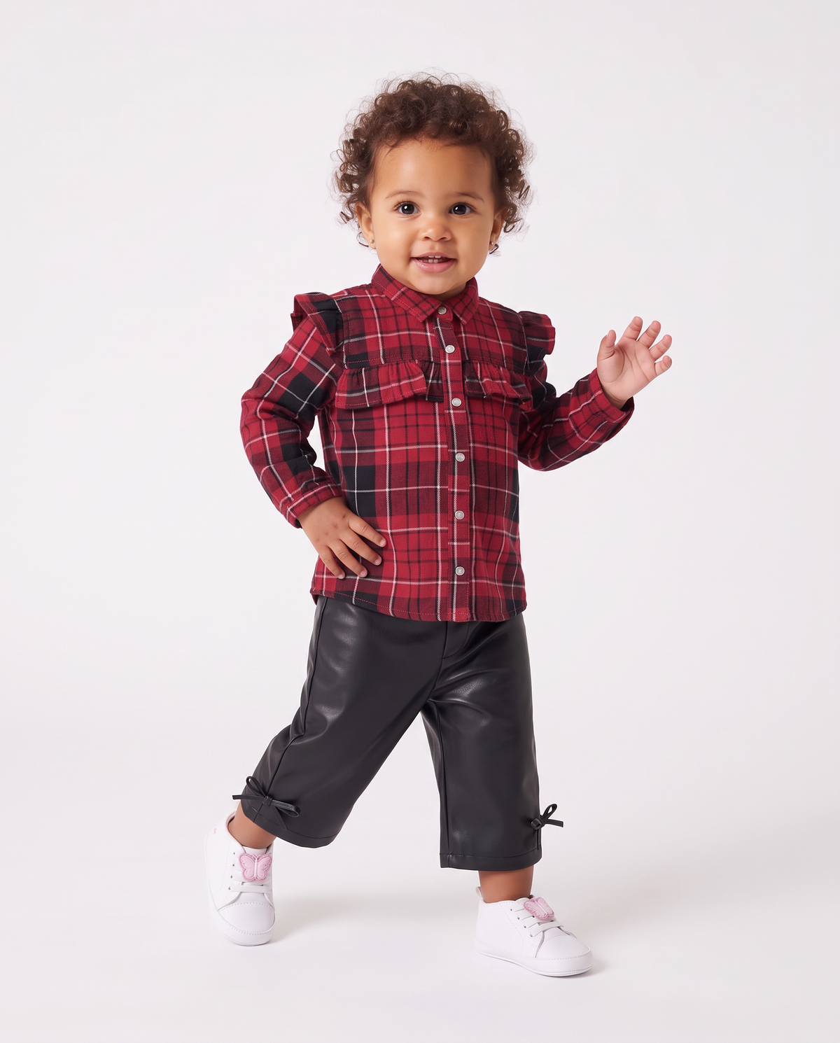 Long sleeve plaid shirt with ruffles - Red