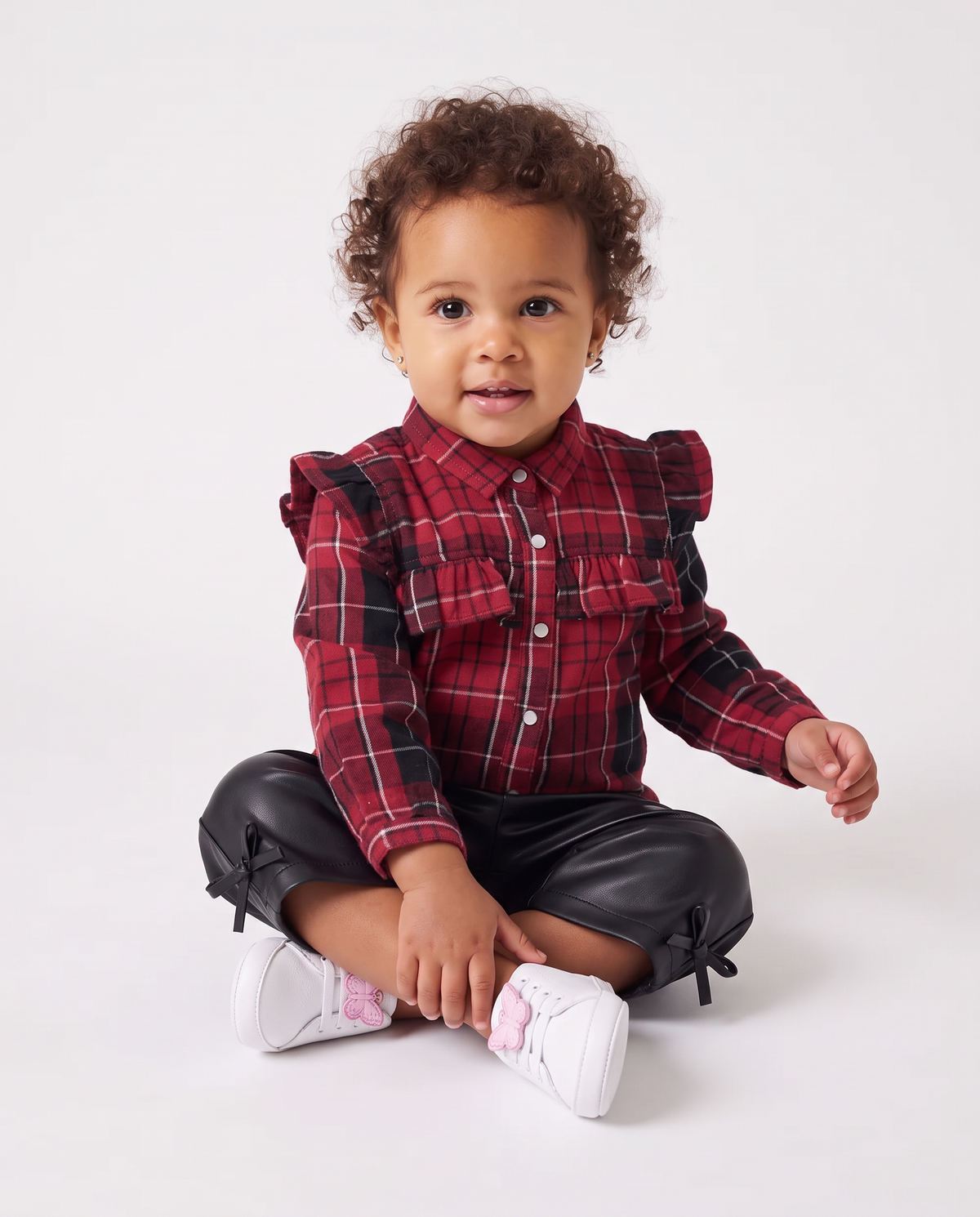 Long sleeve plaid shirt with ruffles - Red