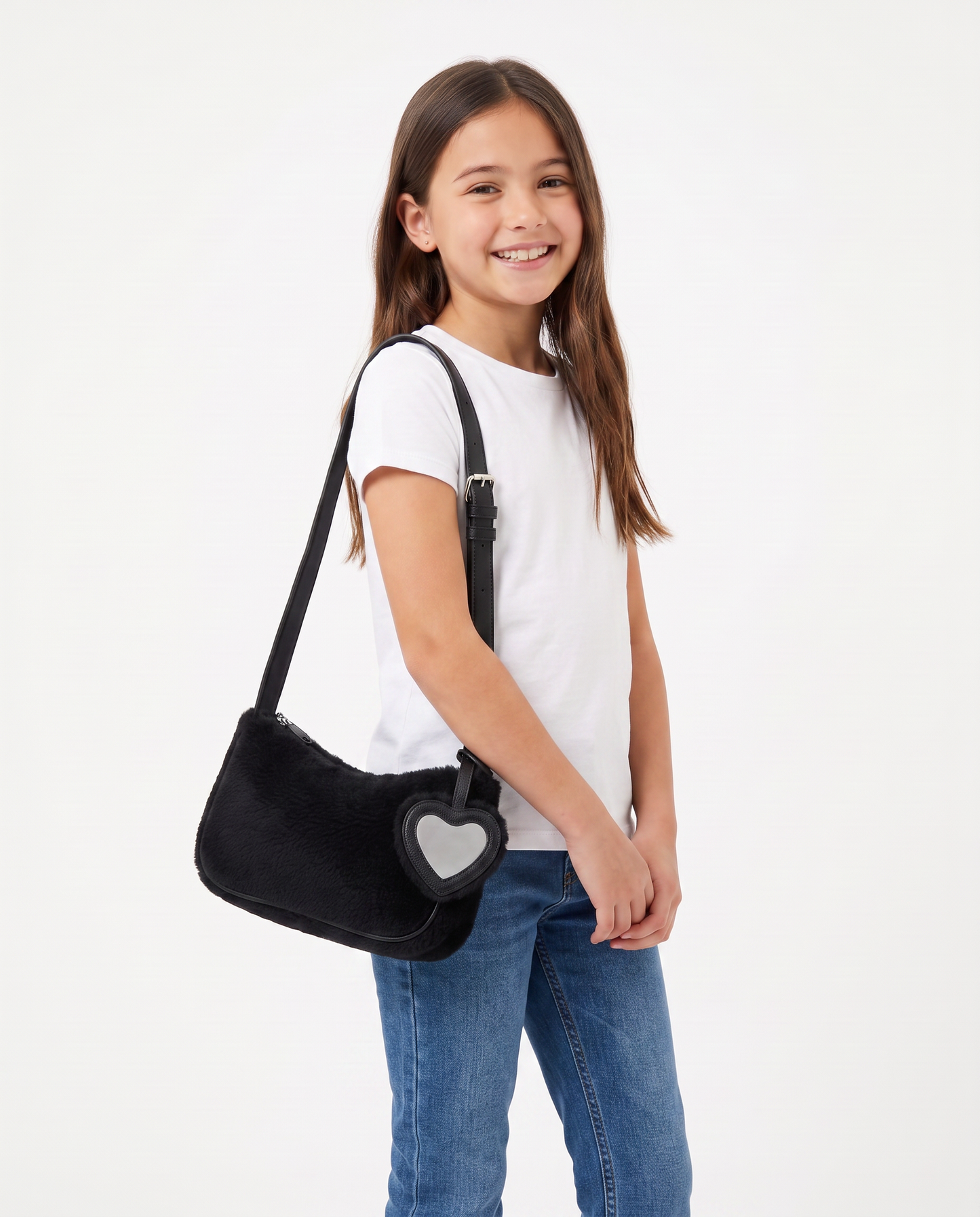 Pochette bambina in pelliccia con specchietto - Nero