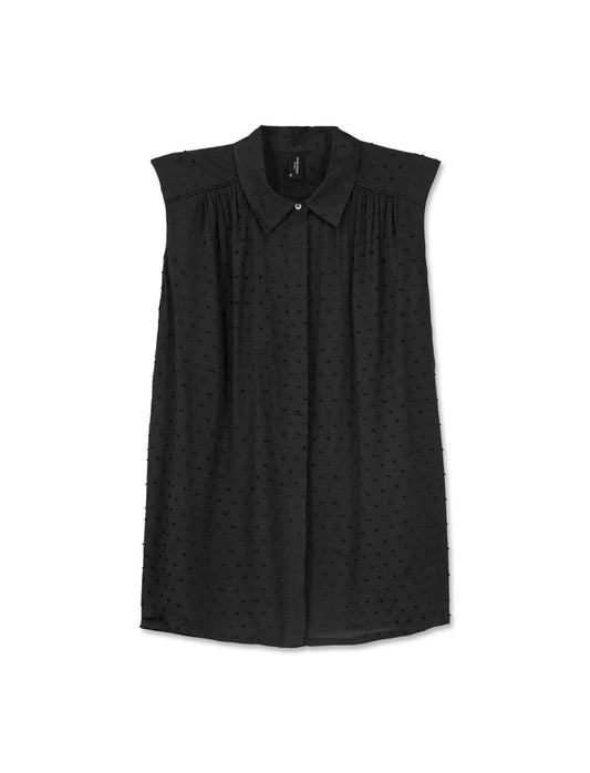 Camicia smanicata in viscosa leggera con inserti su spalla - Nero