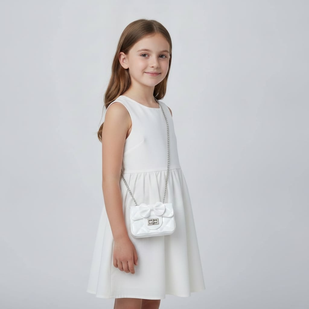 Quilted girls' handbag with bow - White