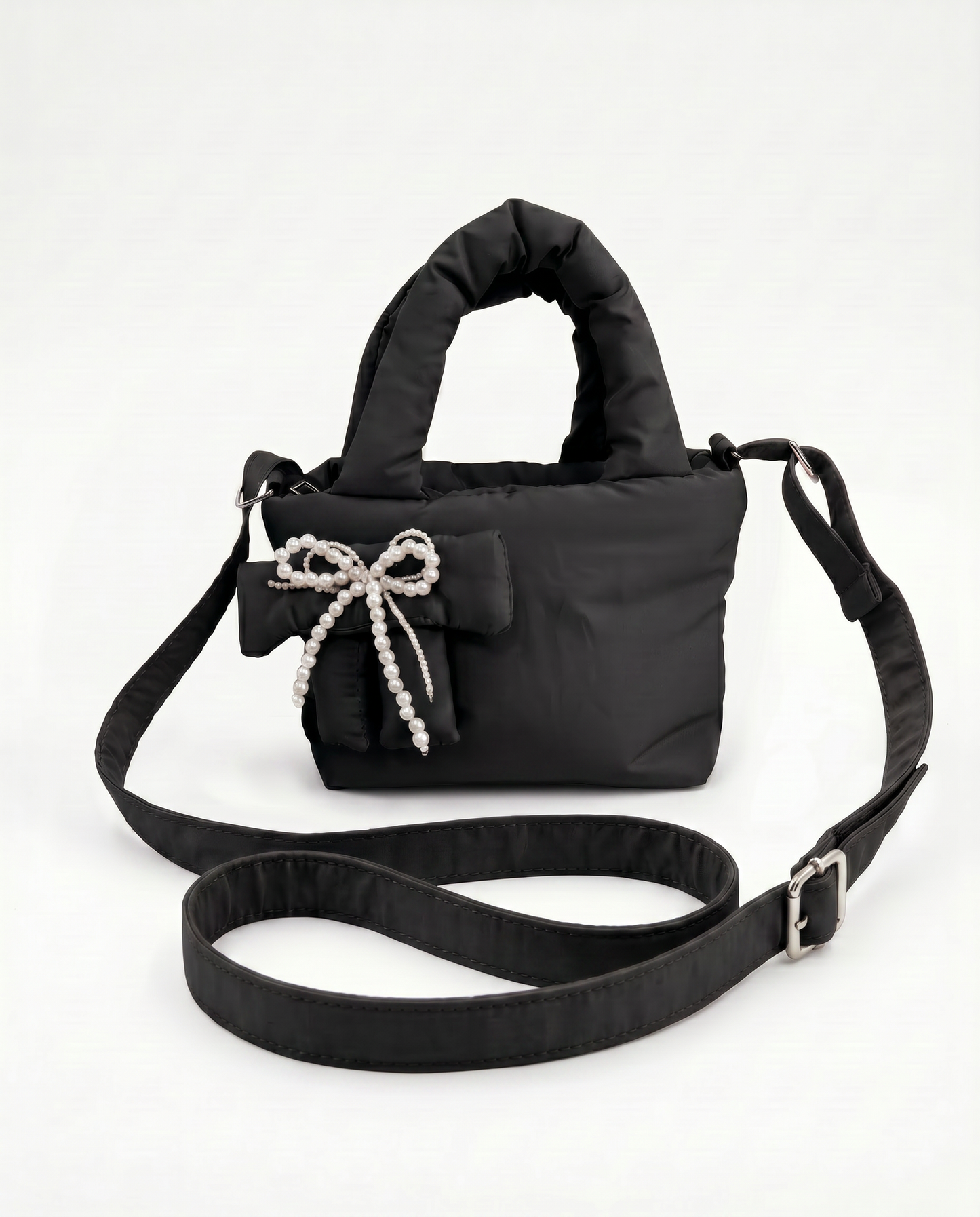 Borsetta nylon puffy c/fiocco perline - Nero