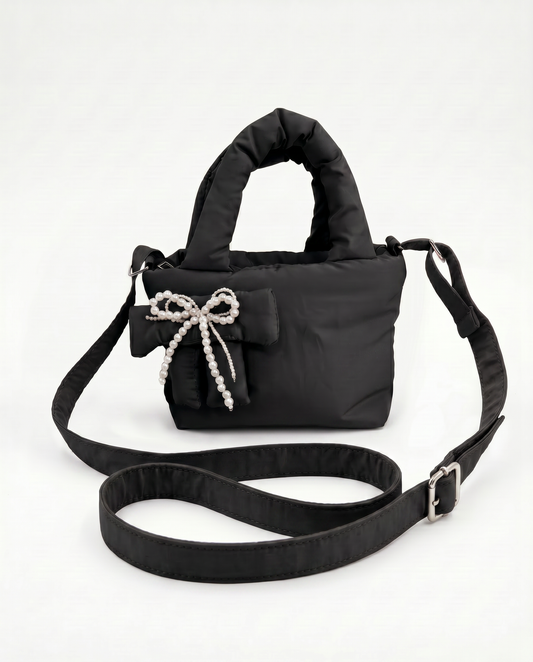 Borsetta nylon puffy c/fiocco perline - Nero