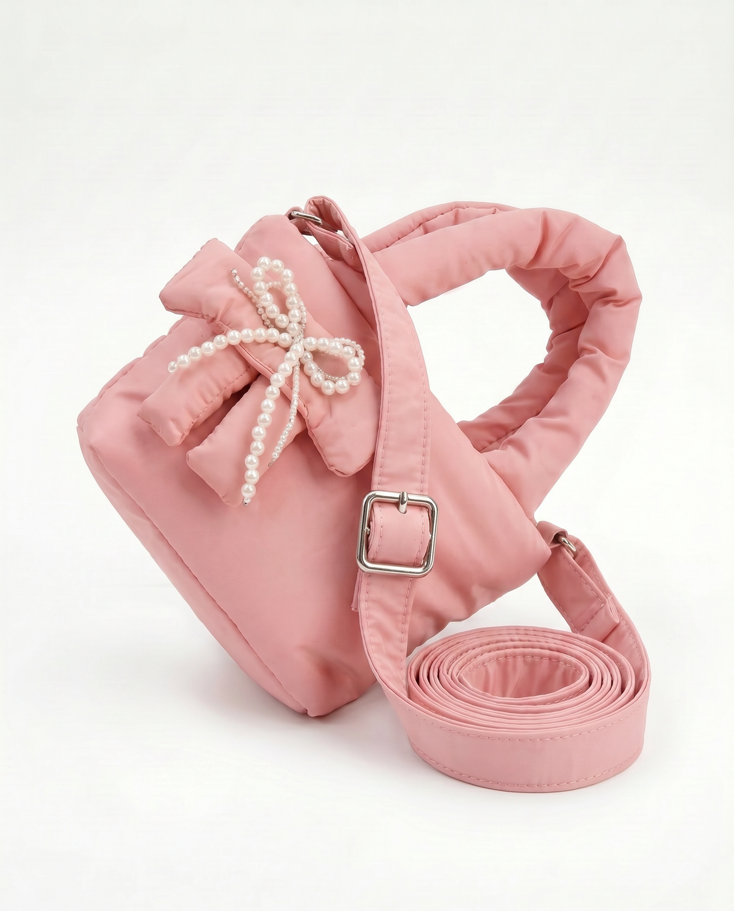 Borsetta nylon puffy c/fiocco perline - Rosa