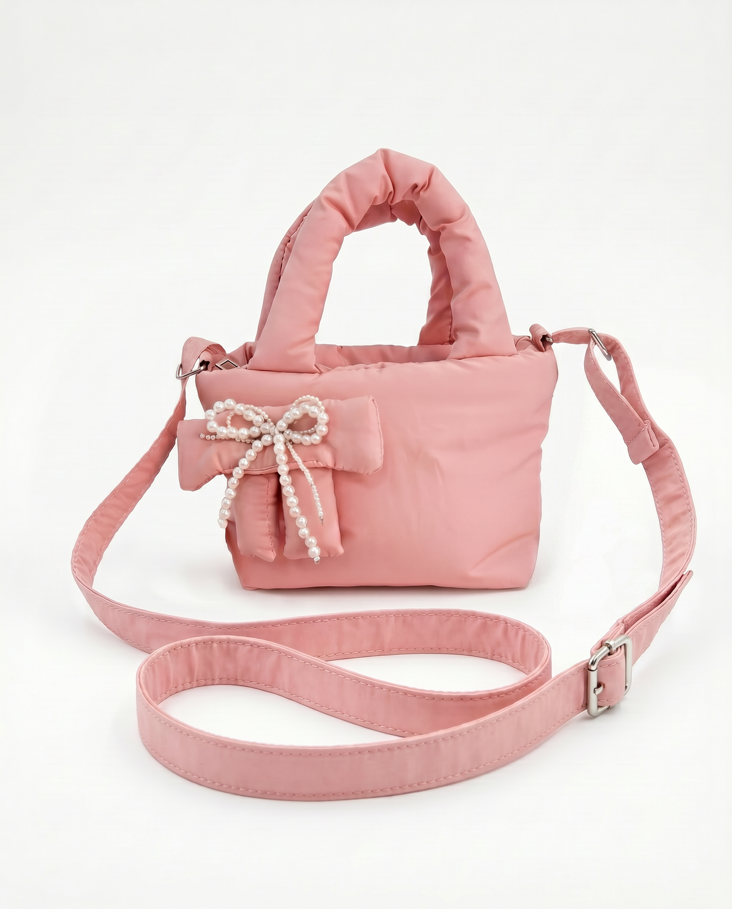 Borsetta nylon puffy c/fiocco perline - Rosa