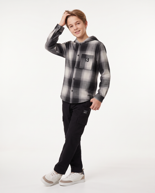 Plaid Flannel Shirt with Hood - Multicolor