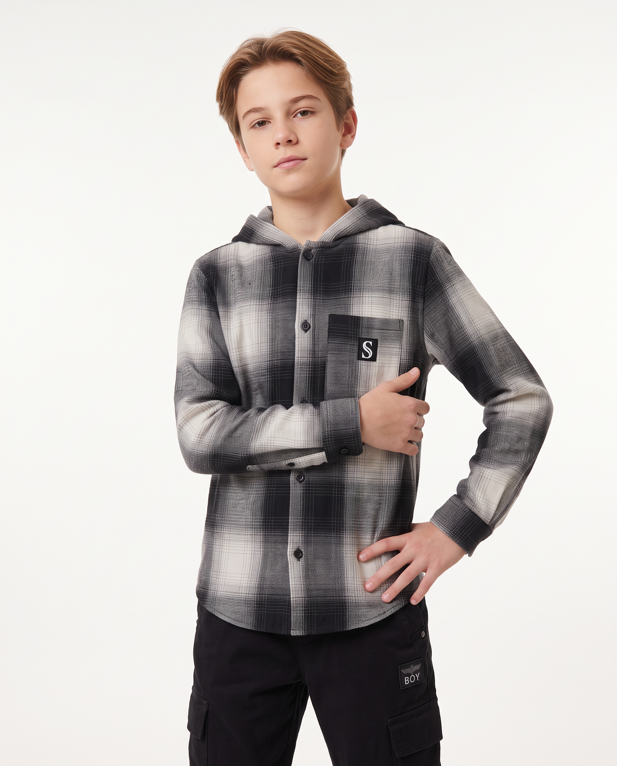 Plaid Flannel Shirt with Hood - Multicolor