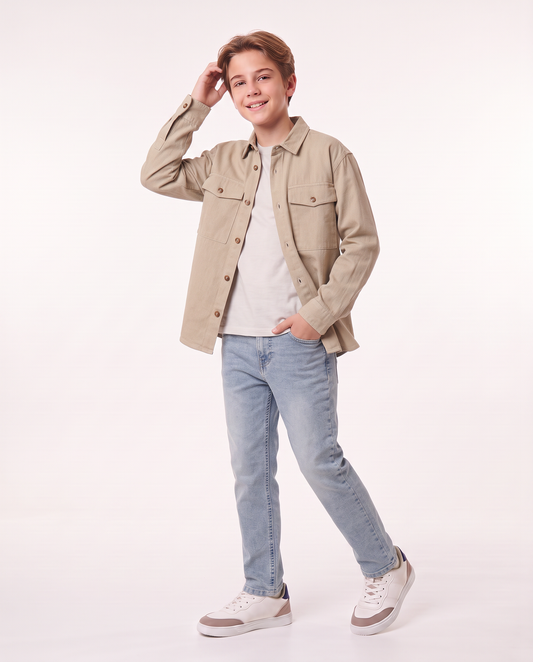 Flannel shirt with pockets and cargo pockets - Beige
