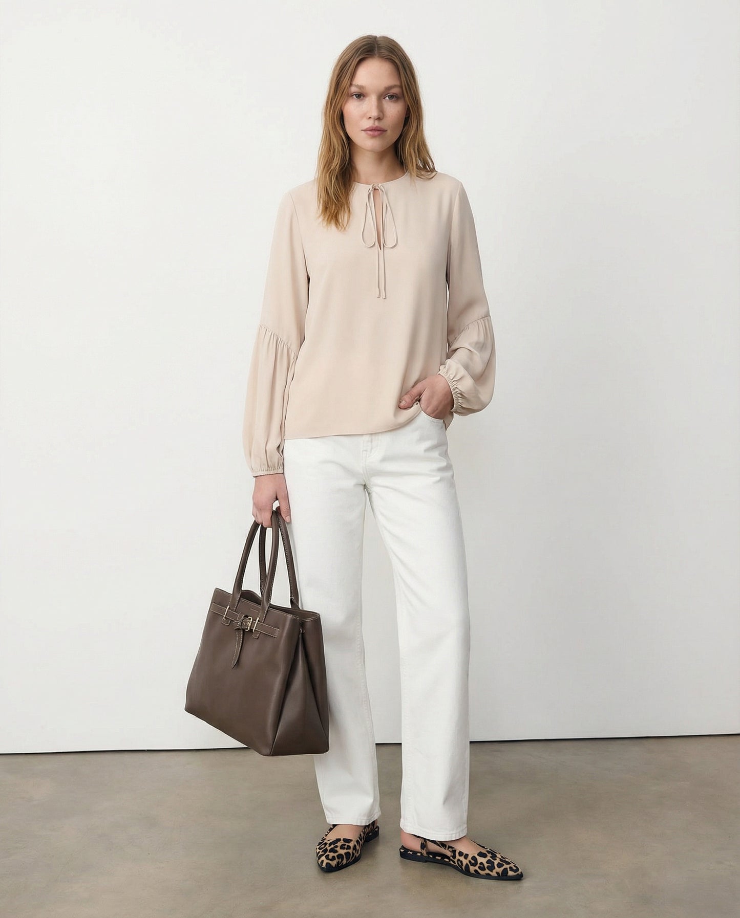 Long Sleeve Blouse with Tie Neckline - Beige