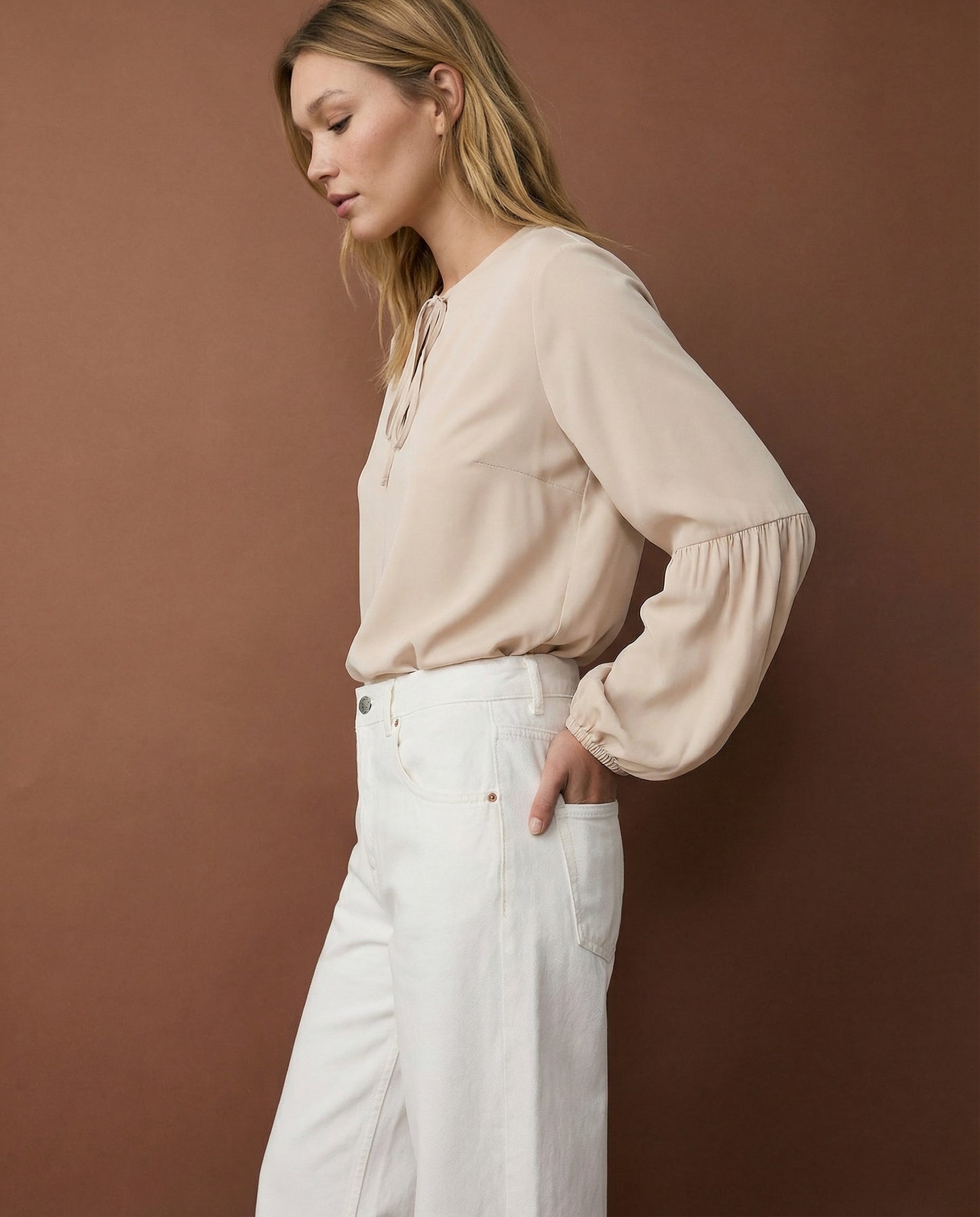 Long Sleeve Blouse with Tie Neckline - Beige