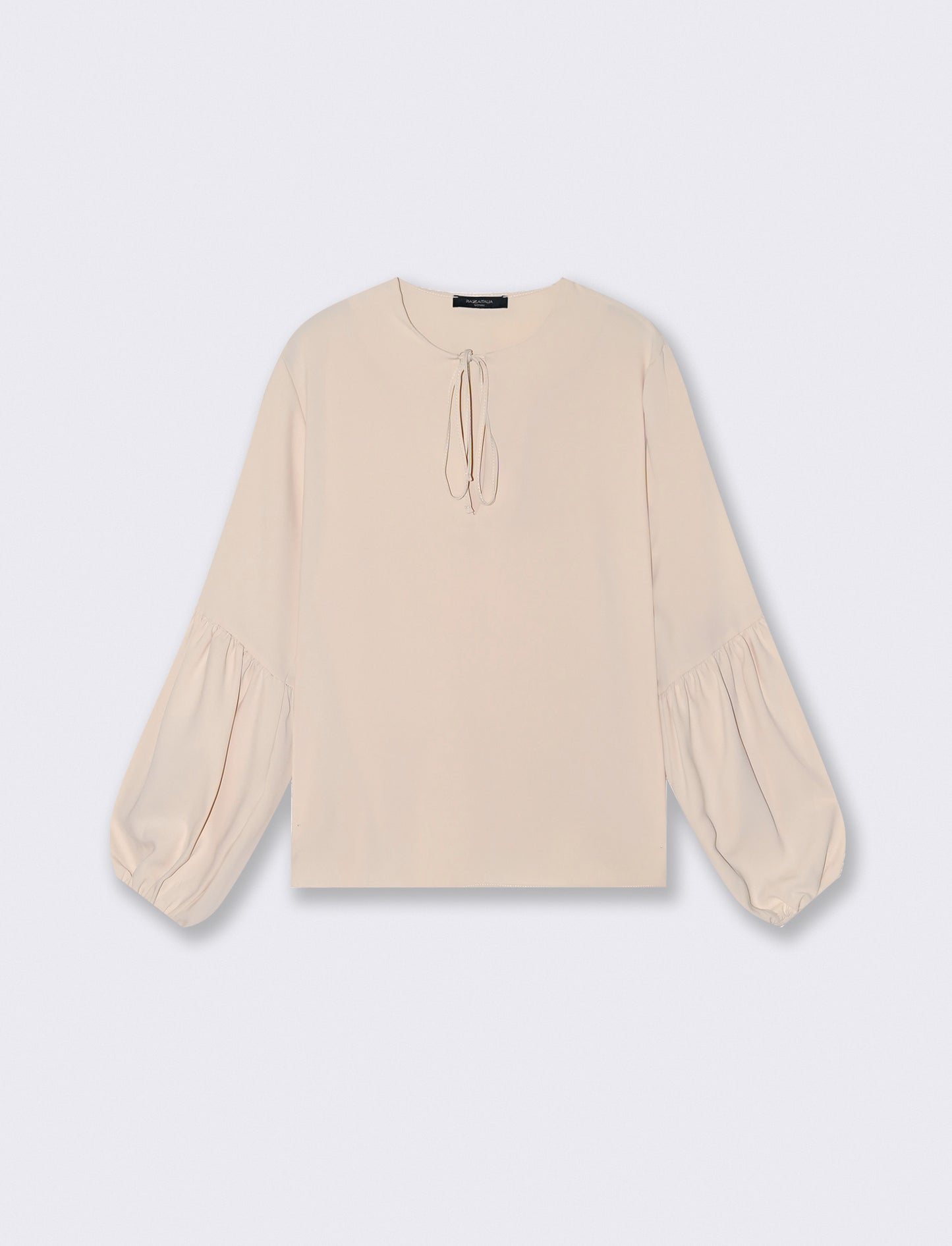 Long Sleeve Blouse with Tie Neckline - Beige