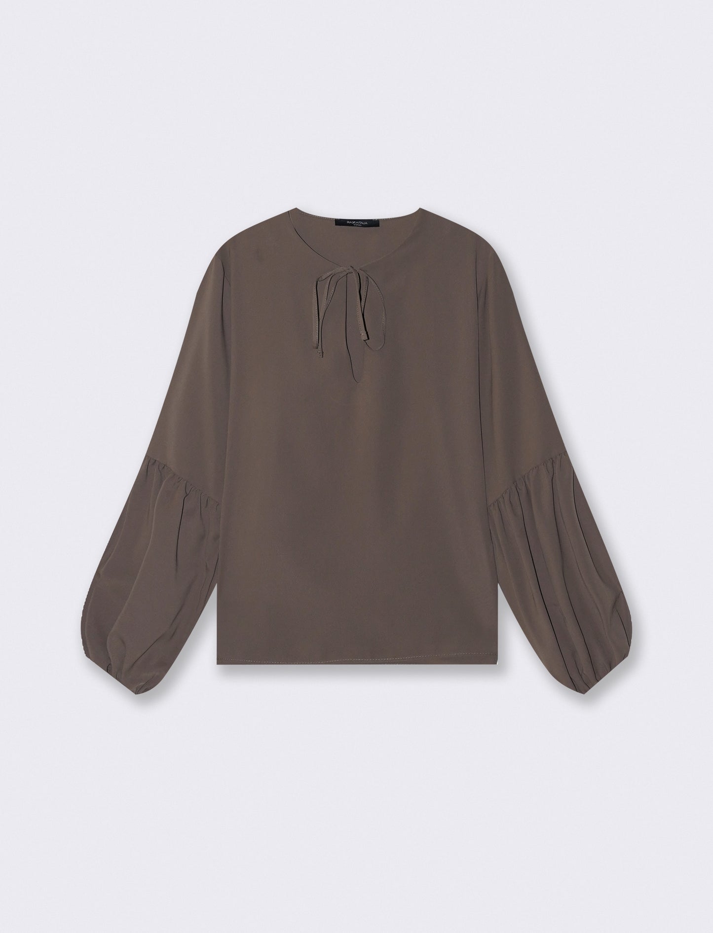 Long Sleeve Blouse with Tie Neckline - Brown