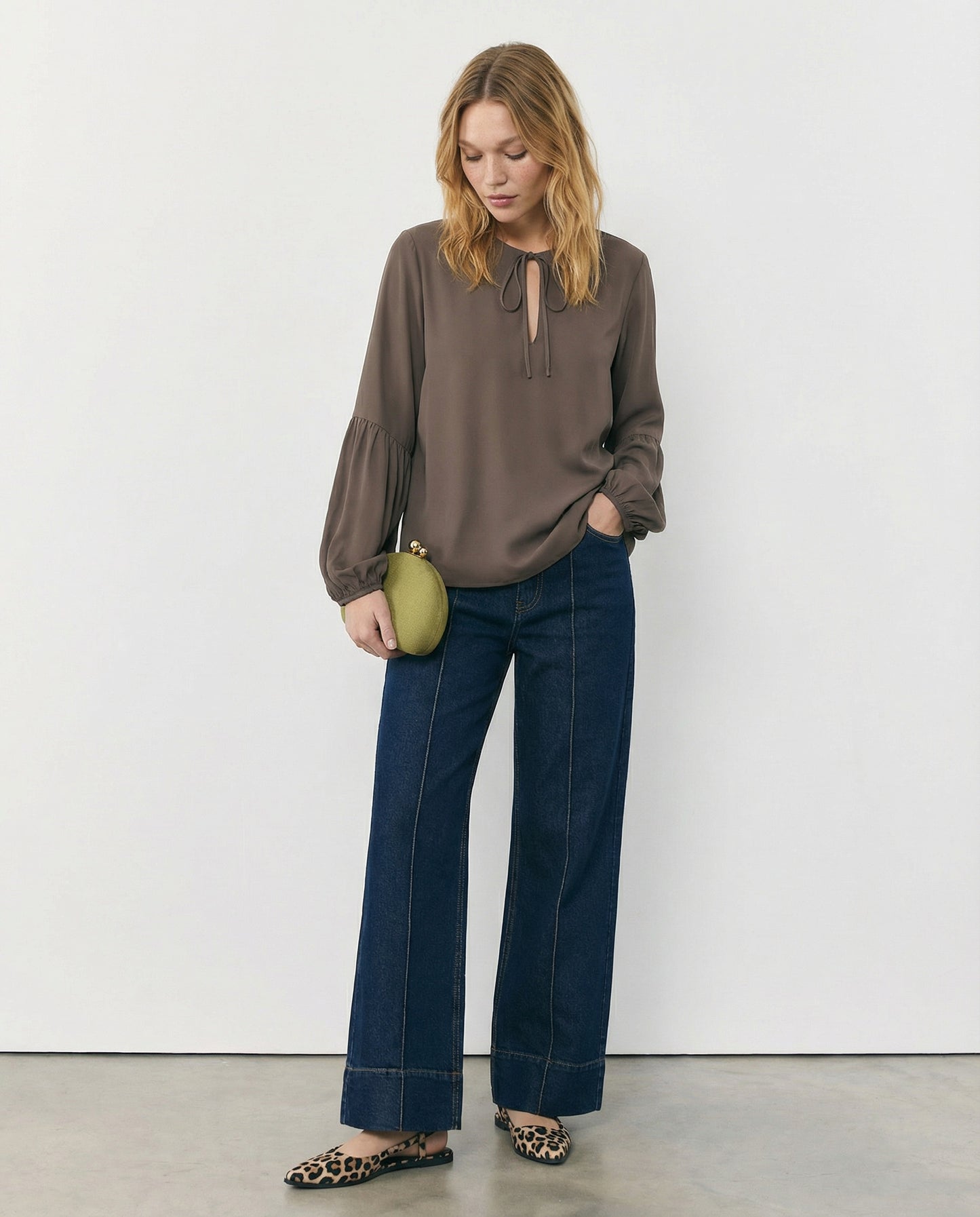 Long Sleeve Blouse with Tie Neckline - Brown