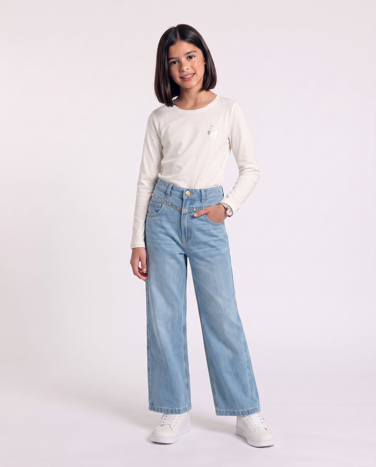 Cotton jeans with studs and wide leg - Blue