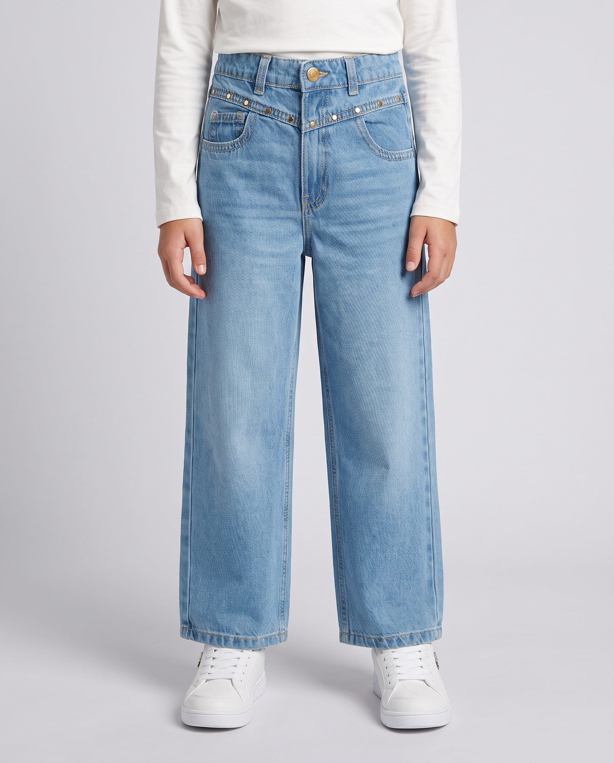 Cotton jeans with studs and wide leg - Blue
