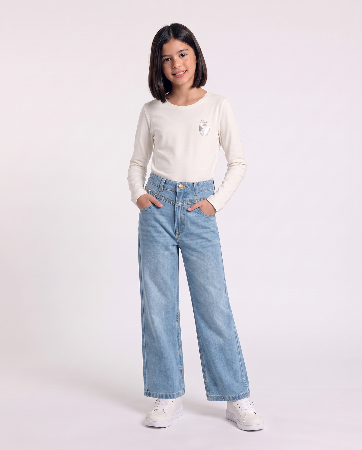 Cotton jeans with studs and wide leg - Blue