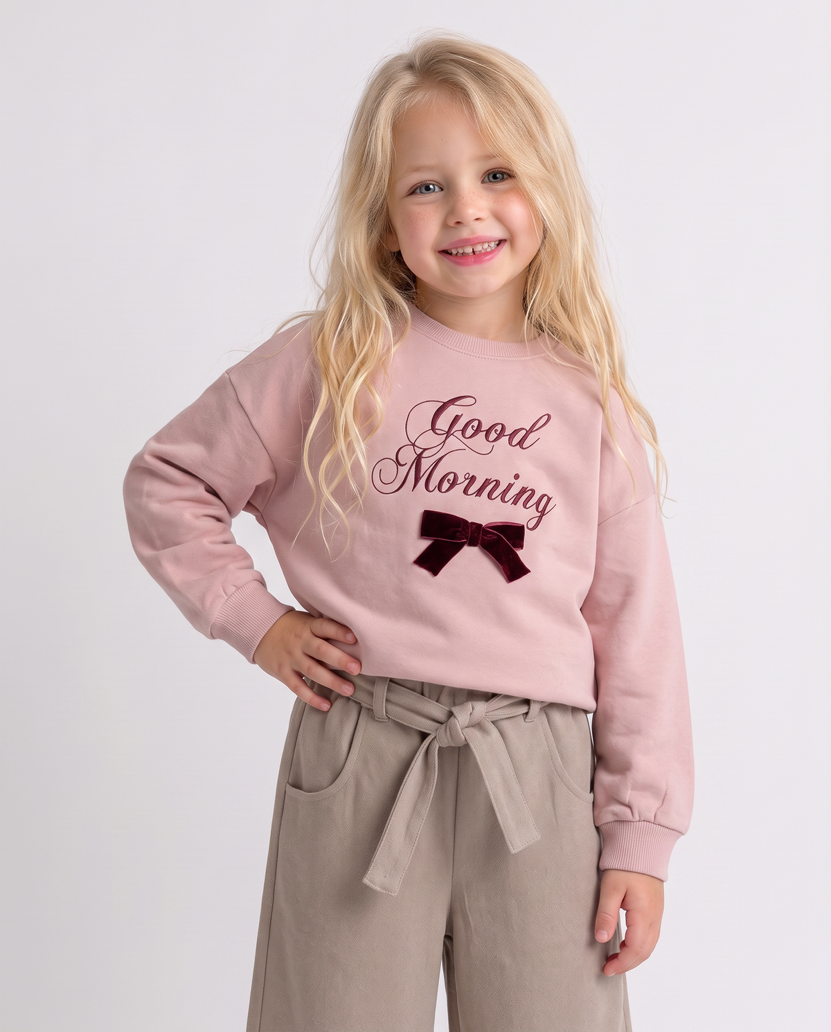 Felpa da bambina girocollo garzata - Rosa