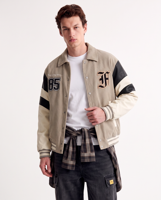 Velvet Varsity Bomber with Embroidery - Beige