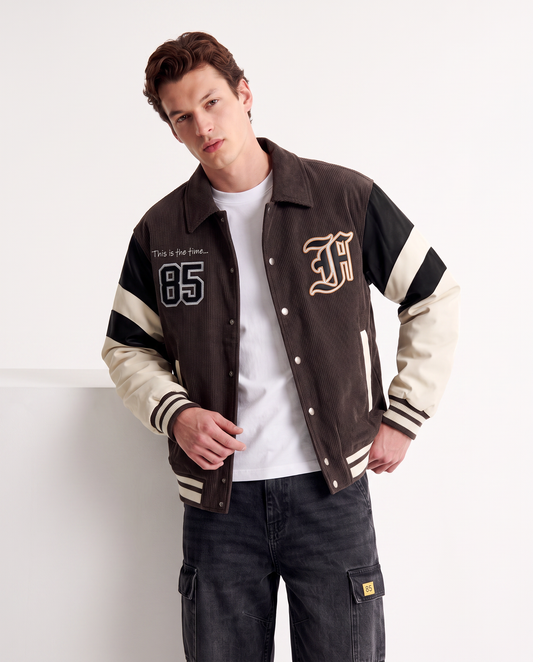 Velvet Varsity Bomber with Embroidery - Brown