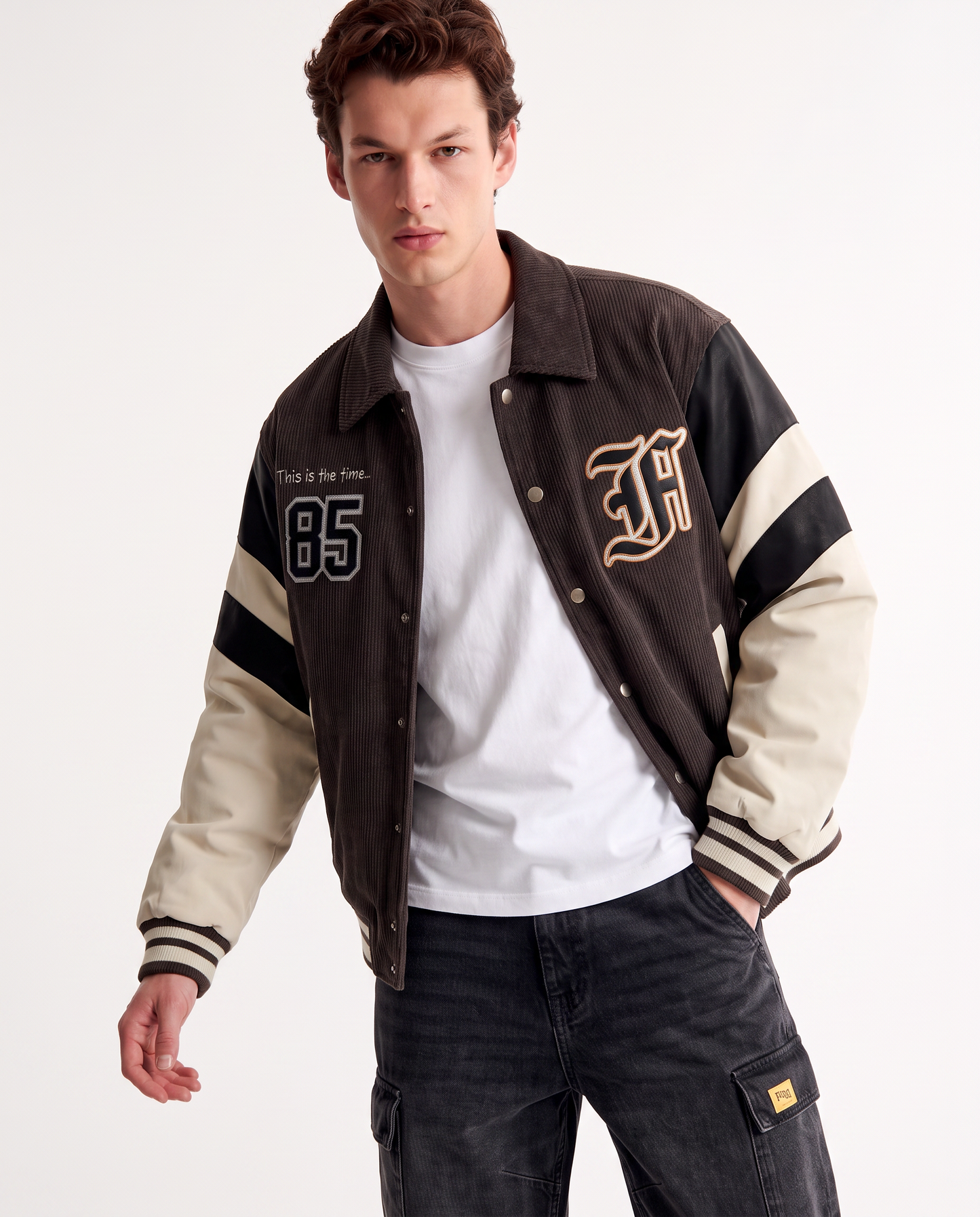 Velvet Varsity Bomber with Embroidery - Brown