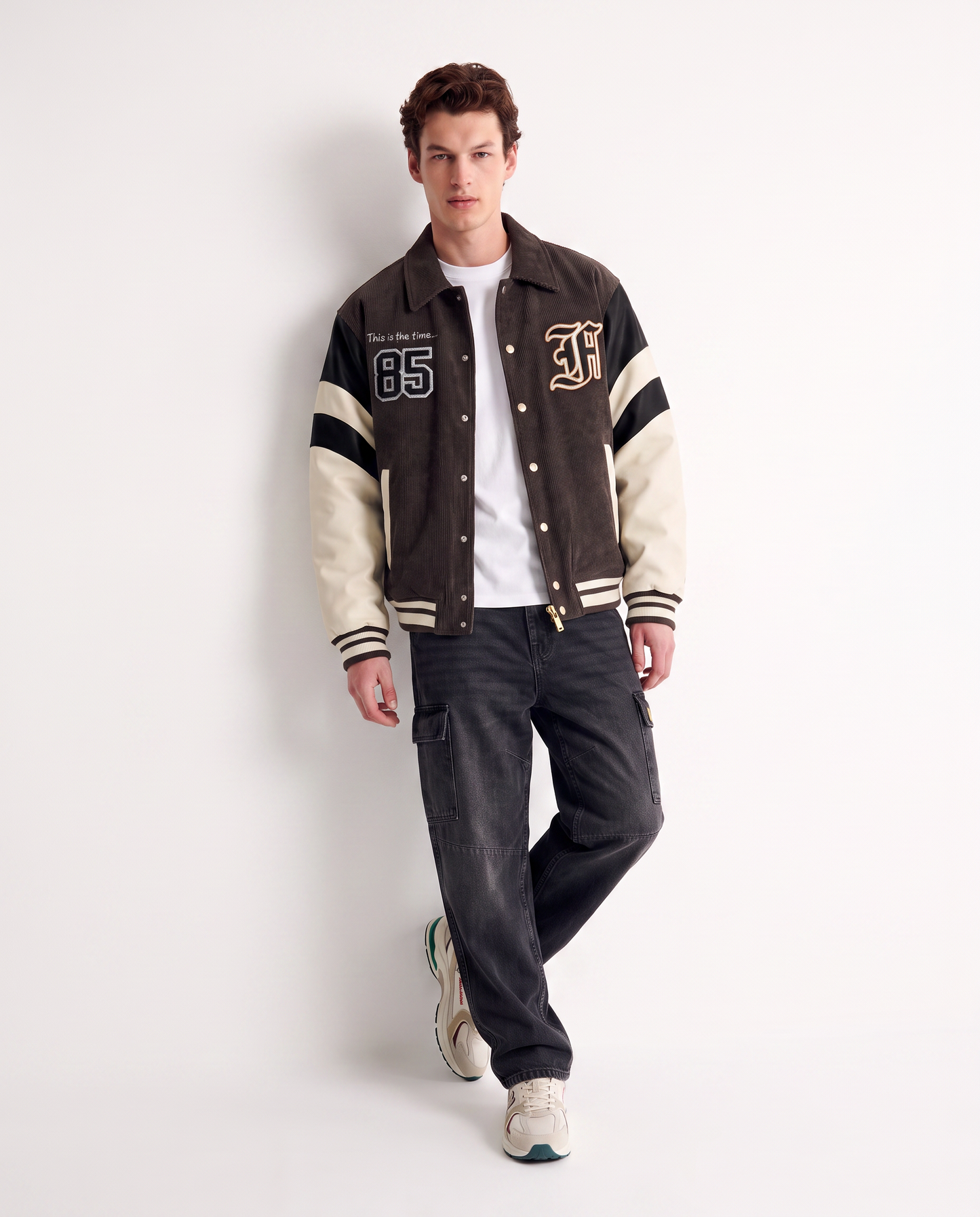 Velvet Varsity Bomber with Embroidery - Brown