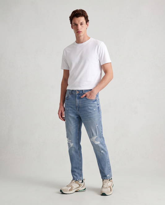 Jeans Straight Fit con Strappi e Slavature - Denim