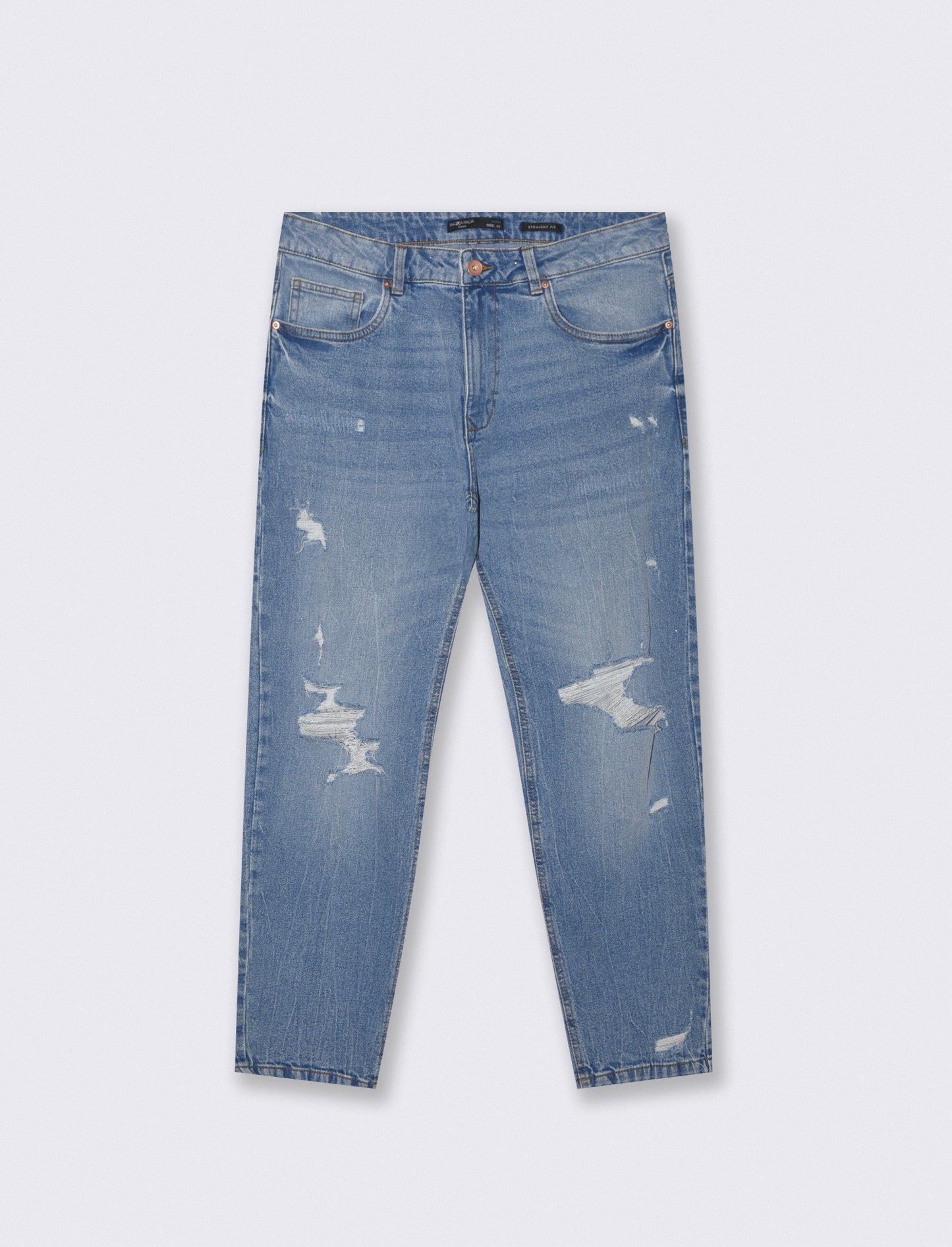 Jeans Straight Fit con Strappi e Slavature - Denim