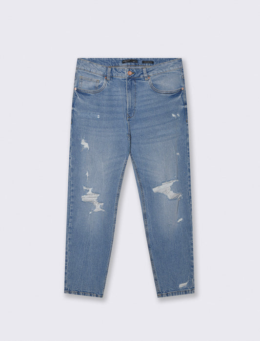 Jeans Straight Fit con Strappi e Slavature - Denim